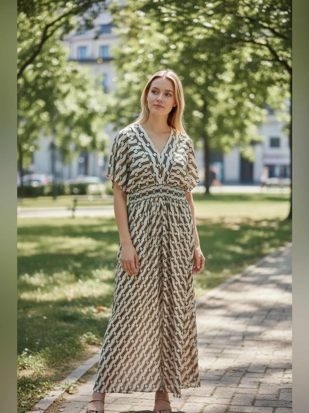 Ann Taylor Robins Egg Blue, Cream, Beige and Black Patterned V-Neck Maxi Dress